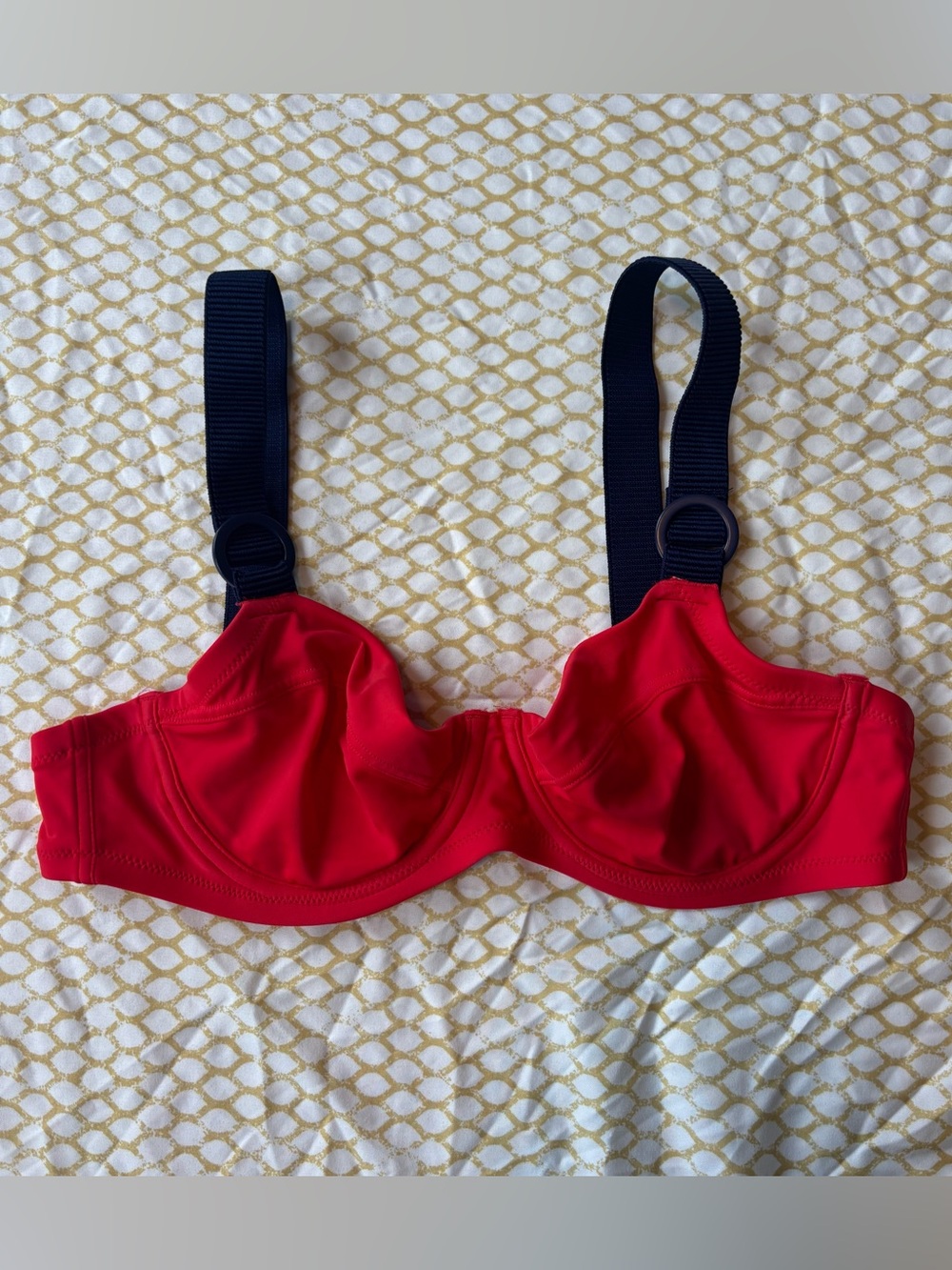Red/Orange Unlined Underwire Bikini Top with Navy Contrast Straps